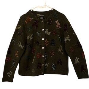 Vintage Alexandra Bartlett Women’s Olive Wool Embroidered Leaf Cardigan PXL EUC